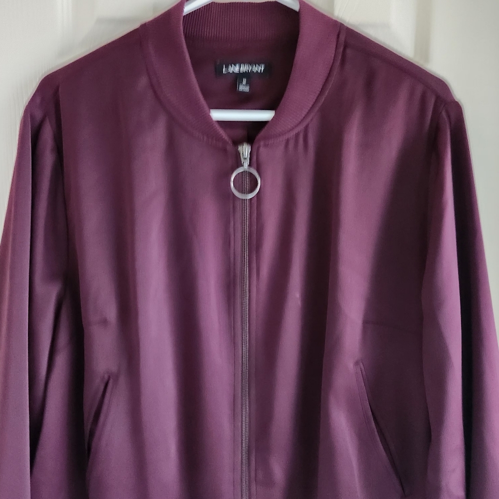 Lane Bryant Satin Bomber Jacket O-Ring Zipper Pull Athleisure Plum Size 16 - Picture 2 of 9